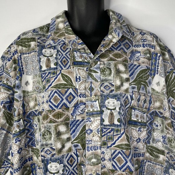 Vintage 80s Diamond Head Hawaiian Shirt Size 2XL Lucky Cat Frog Tapa Reverse - Picture 2 of 8